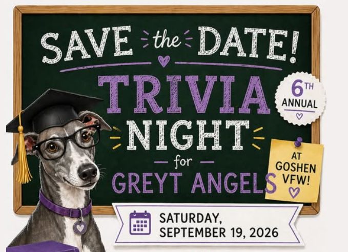 Save the date — 6th Annual Trivia Night for Greyt Angels, Saturday, September 19, 2026 at the Goshen VFW.